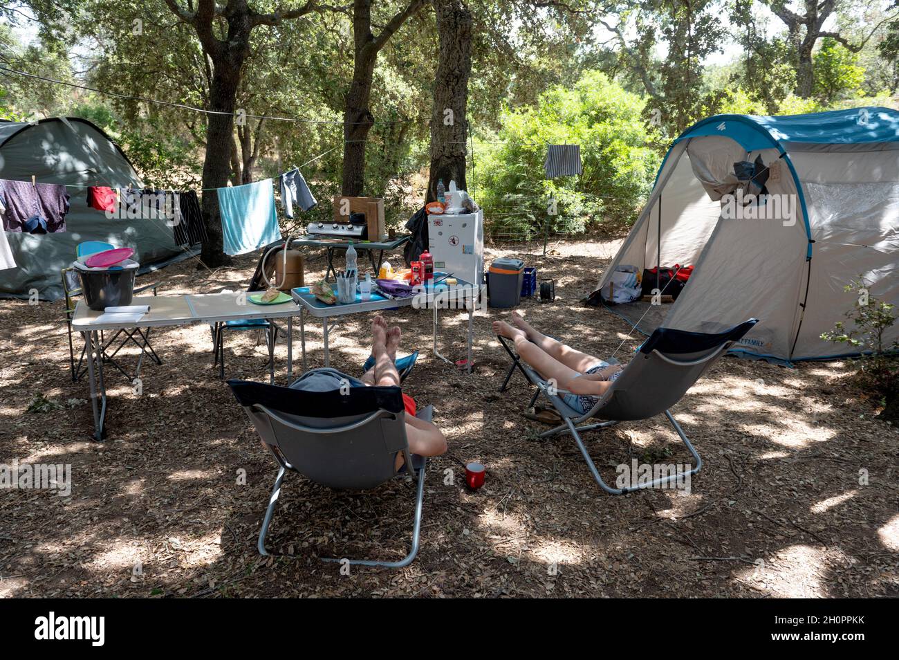 Dipartimento Corse du Sud (Corsica meridionale): Atmosfera in campeggio. I  vacanzieri fanno un pisolino sulle sdraio sotto gli alberi davanti alla  loro tenda Foto stock - Alamy