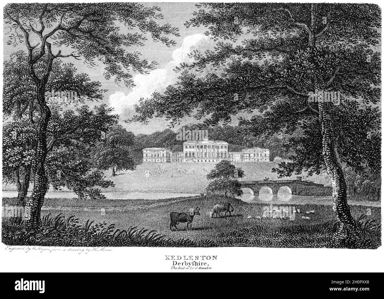 Un'incisione di Kedleston, Derbyshire la sede di Lord Scarsdale scansionò ad alta risoluzione da un libro stampato nel 1812. Creduto libero di copyright. Foto Stock