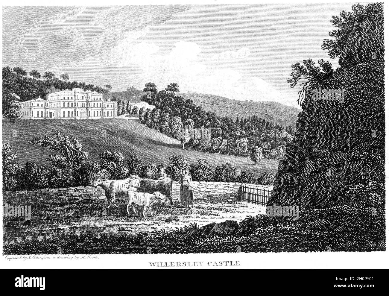 Un'incisione di Willersley Castle, Derbyshire UK scansionata ad alta risoluzione da un libro stampato nel 1812. Creduto libero di copyright. Foto Stock