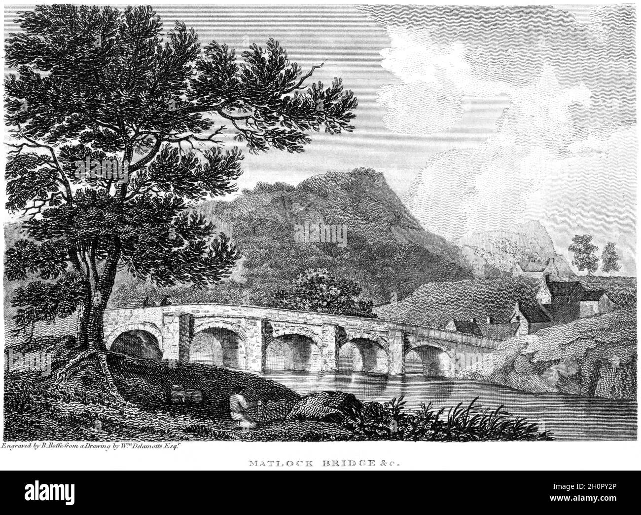 Un'incisione di Matlock Bridge, Derbyshire UK scansionata ad alta risoluzione da un libro stampato nel 1812. Creduto libero di copyright. Foto Stock