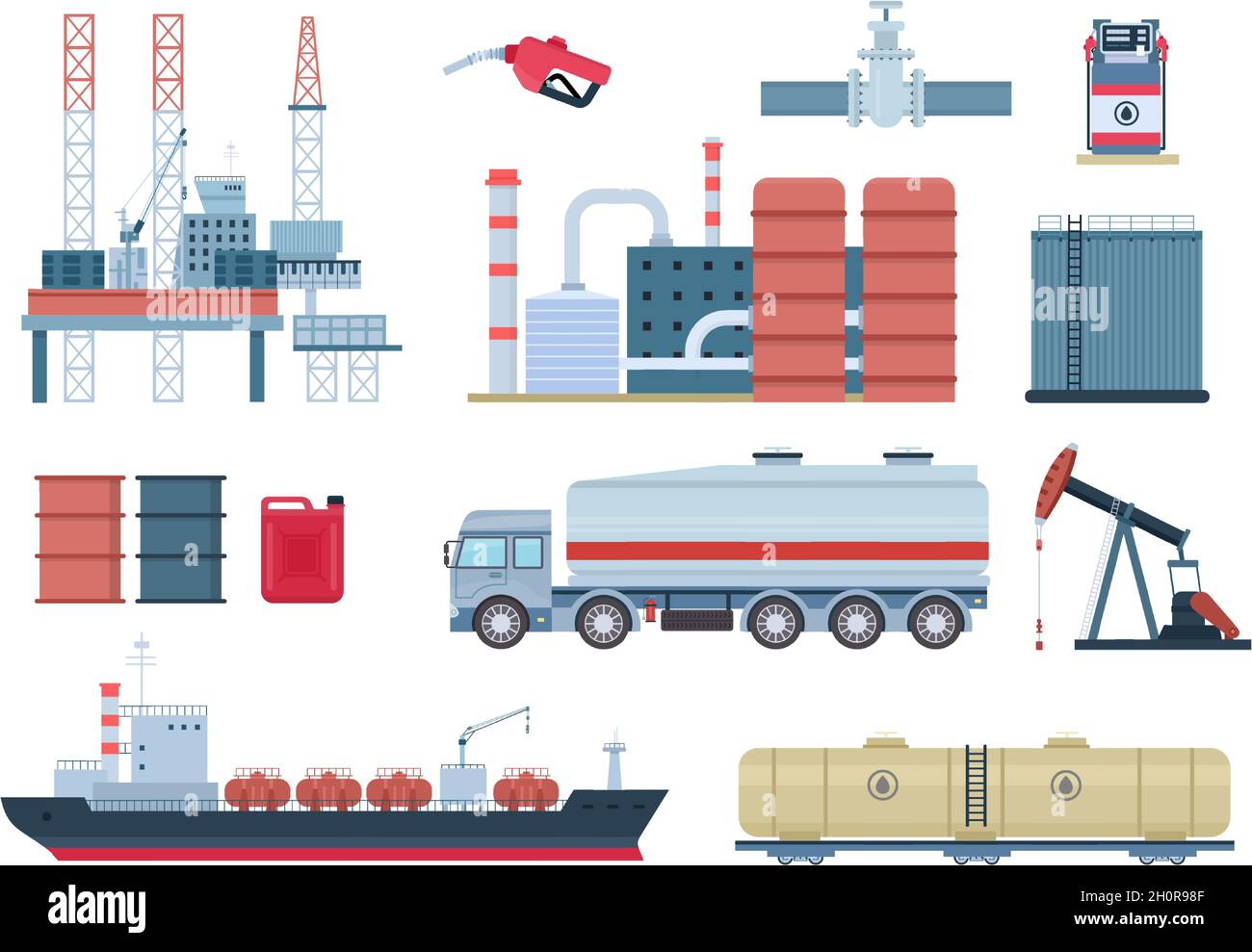 Industria petrolifera ed elementi per la produzione di gas, raffineria e piattaforma di perforazione. Trasporto carburante, autocisterna e nave. Set di vettori per perforazione petrolifera Illustrazione Vettoriale