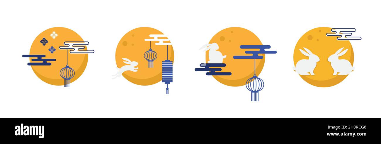 Mid Autumn Festival icone. Luna e nuvole asiatiche tradizionali. Festa tradizionale del raccolto asiatico. Chuseok, metà autunno corea festival. Illustrazione Vettoriale