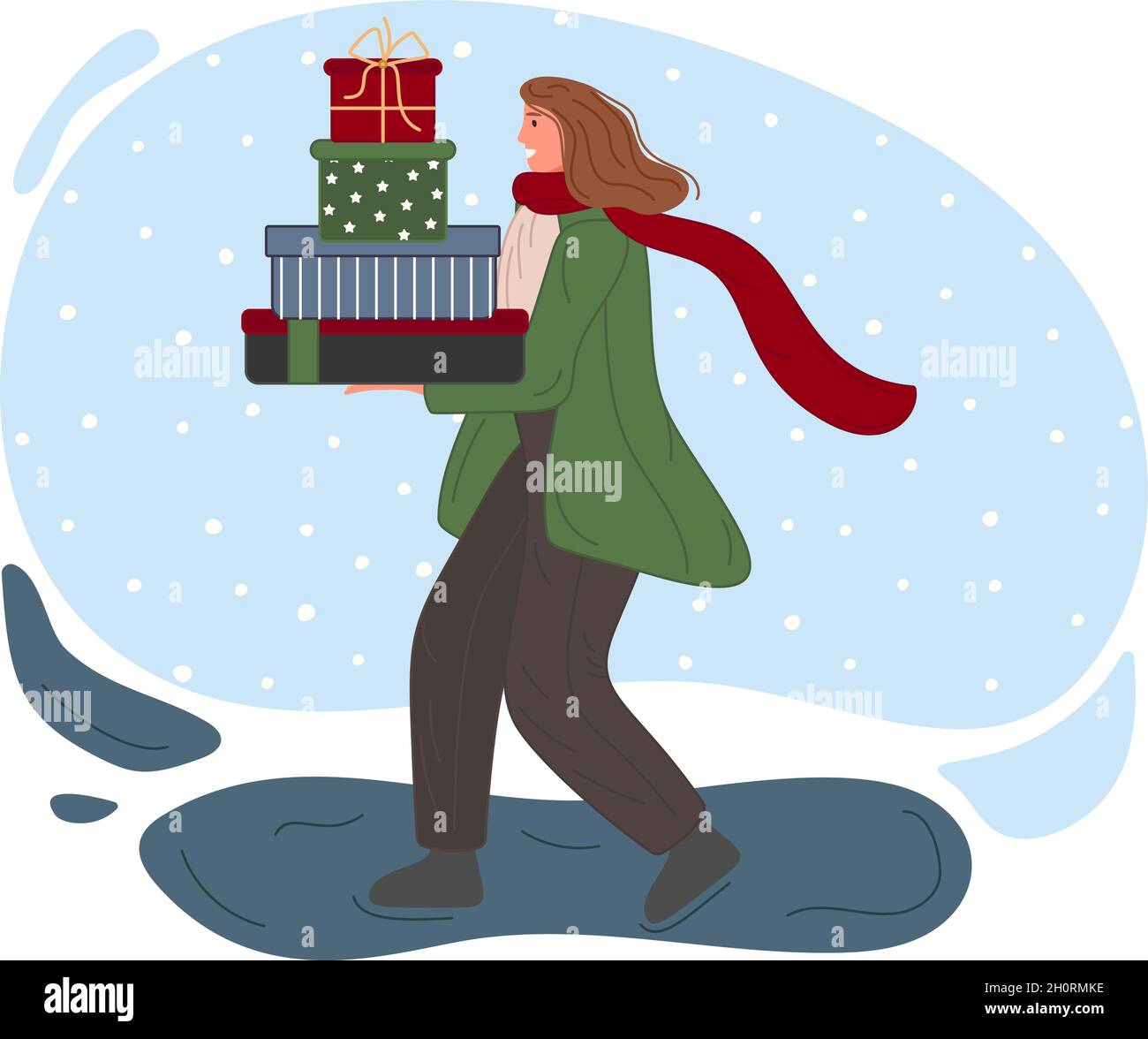 Natale e Felice Capodanno concetto di vacanze invernali. La ragazza va con i regali. Illustrazione vettoriale Illustrazione Vettoriale