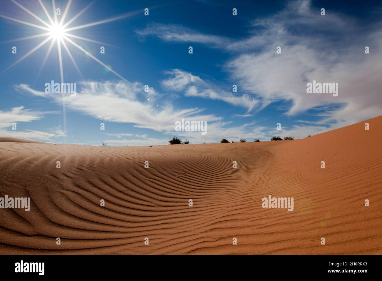 Sunburst sulle dune di sabbia nel deserto, Arabia Saudita Foto Stock
