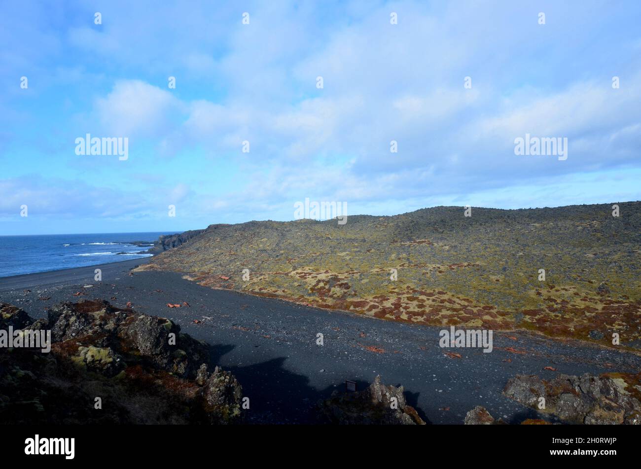 Splendida spiaggia di sabbia lavica nera di Dritvik in Islanda. Foto Stock