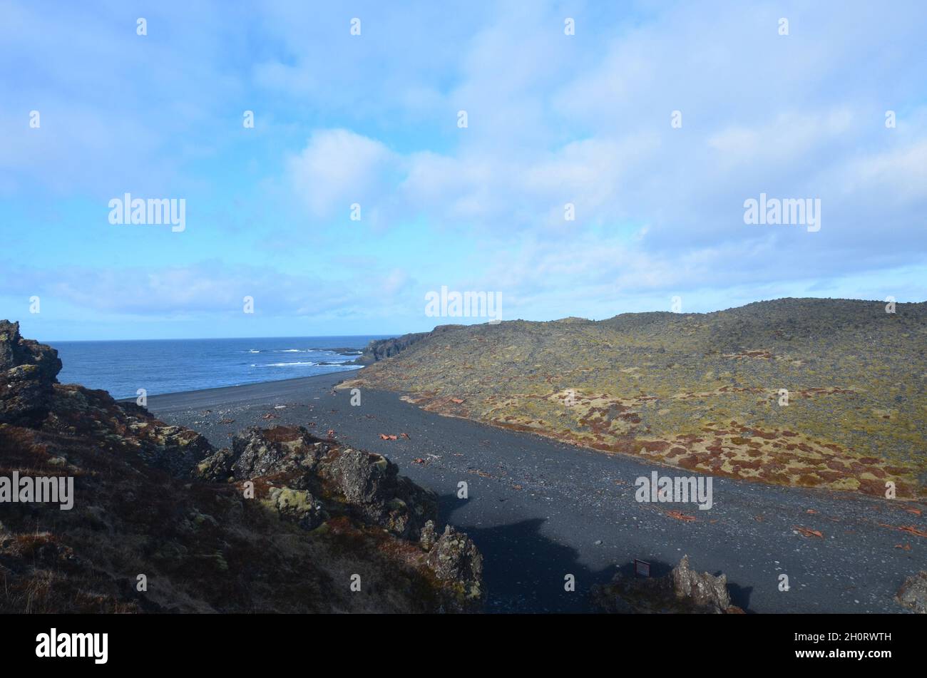 Bella deserta Dritvik spiaggia di sabbia nera in Islanda remota. Foto Stock