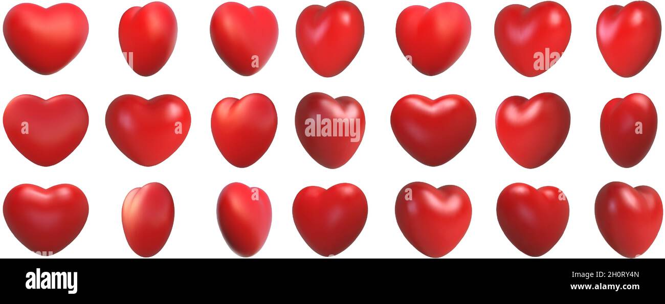 San Valentino simbolo d'amore, 3d cuori rotazione. Emoji romantiche e realistiche, icona del cuore rosso davanti e vista dell'angolo di rotazione. Set vettoriale per decorazioni per matrimoni Illustrazione Vettoriale