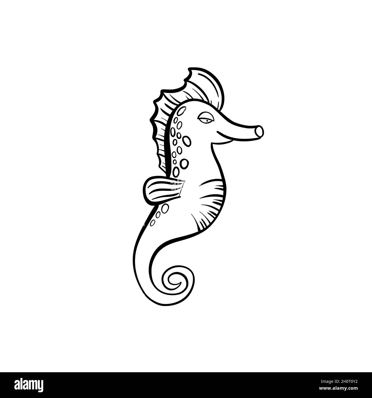 Sea Horse. Animale marino disegnato a mano. Scarabocchi di mare. Illustrazione Vettoriale