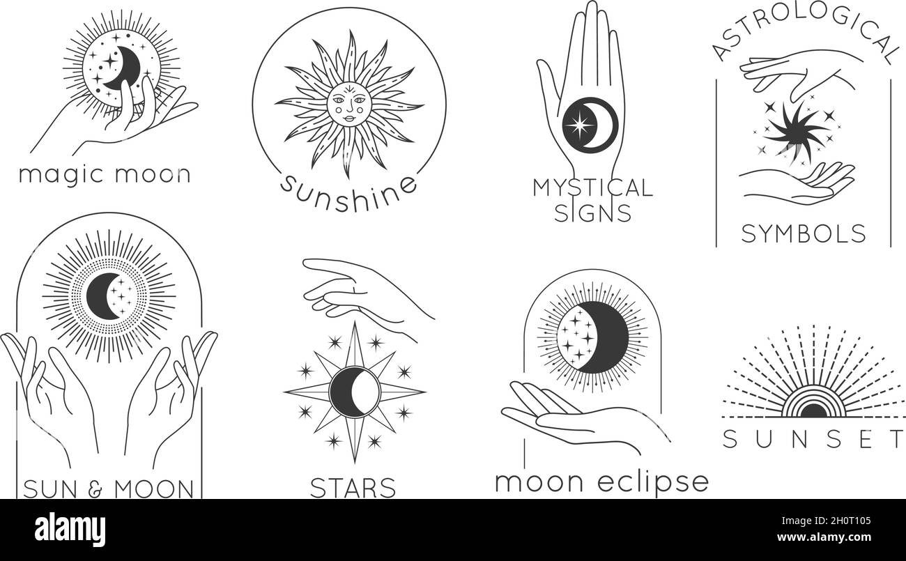 Mani mistiche con logo stella, sole e luna. Astrologia esoterica design con magiche mani donna, tramonto e sole minimo vettore set Illustrazione Vettoriale