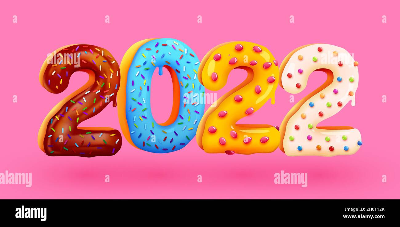 Gustoso biglietto d'auguri felice anno nuovo 2022. Numeri dolci colorati smaltati. Biglietto d'auguri, banner, poster. Illustrazione vettoriale Illustrazione Vettoriale