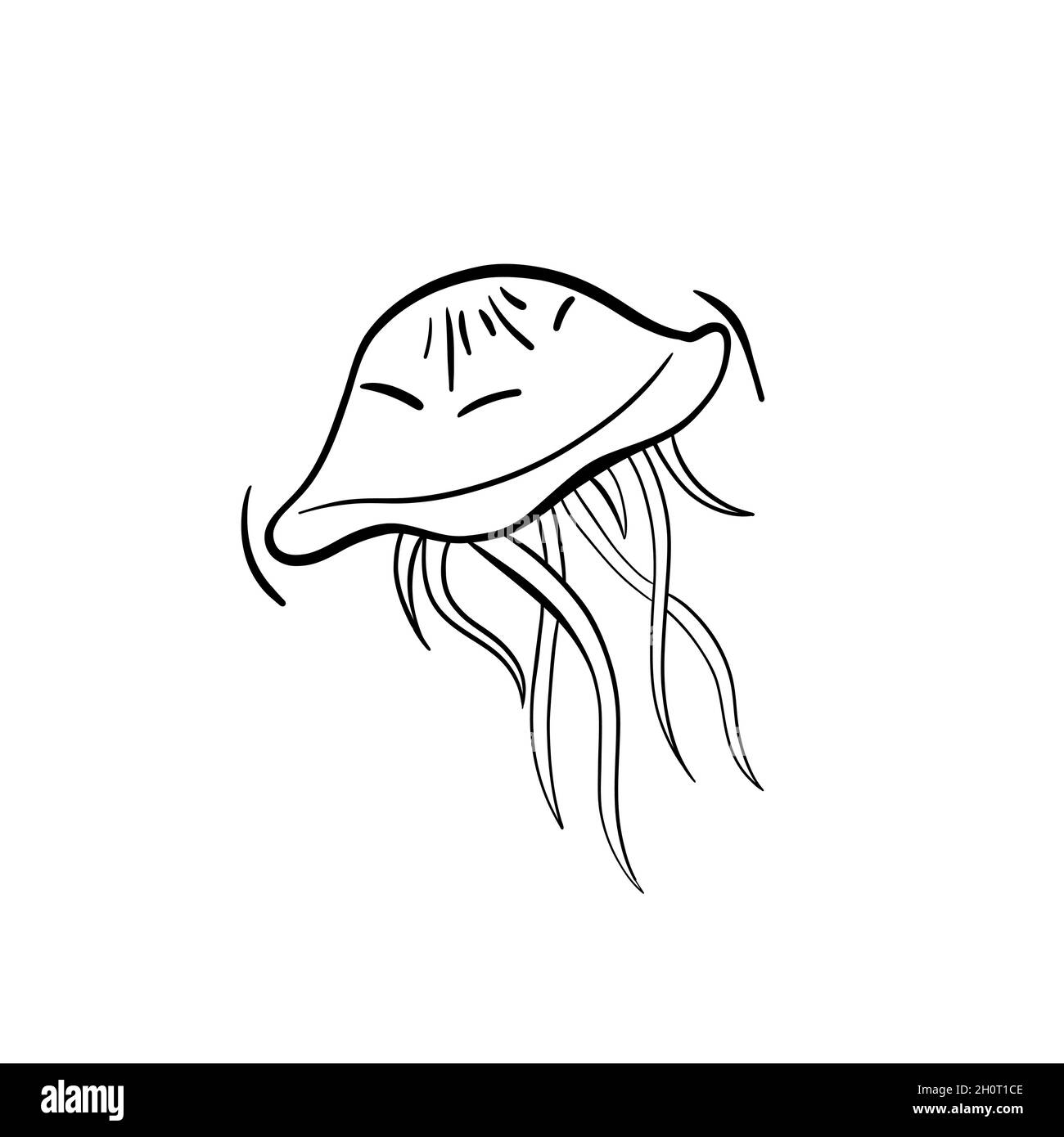Black outline vettore doodle cartoon jellyfish icona Illustrazione Vettoriale