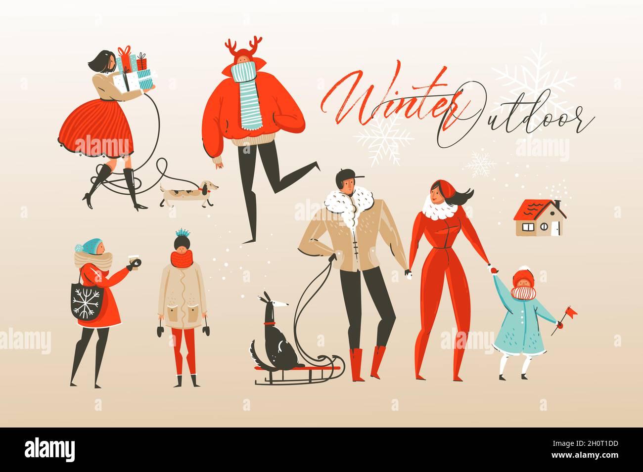 Disegno a mano vettore astratto Merry Natale e felice anno nuovo cartoon illustrazioni raccolta di saluti set con inverno all'aperto celebrare persone Illustrazione Vettoriale