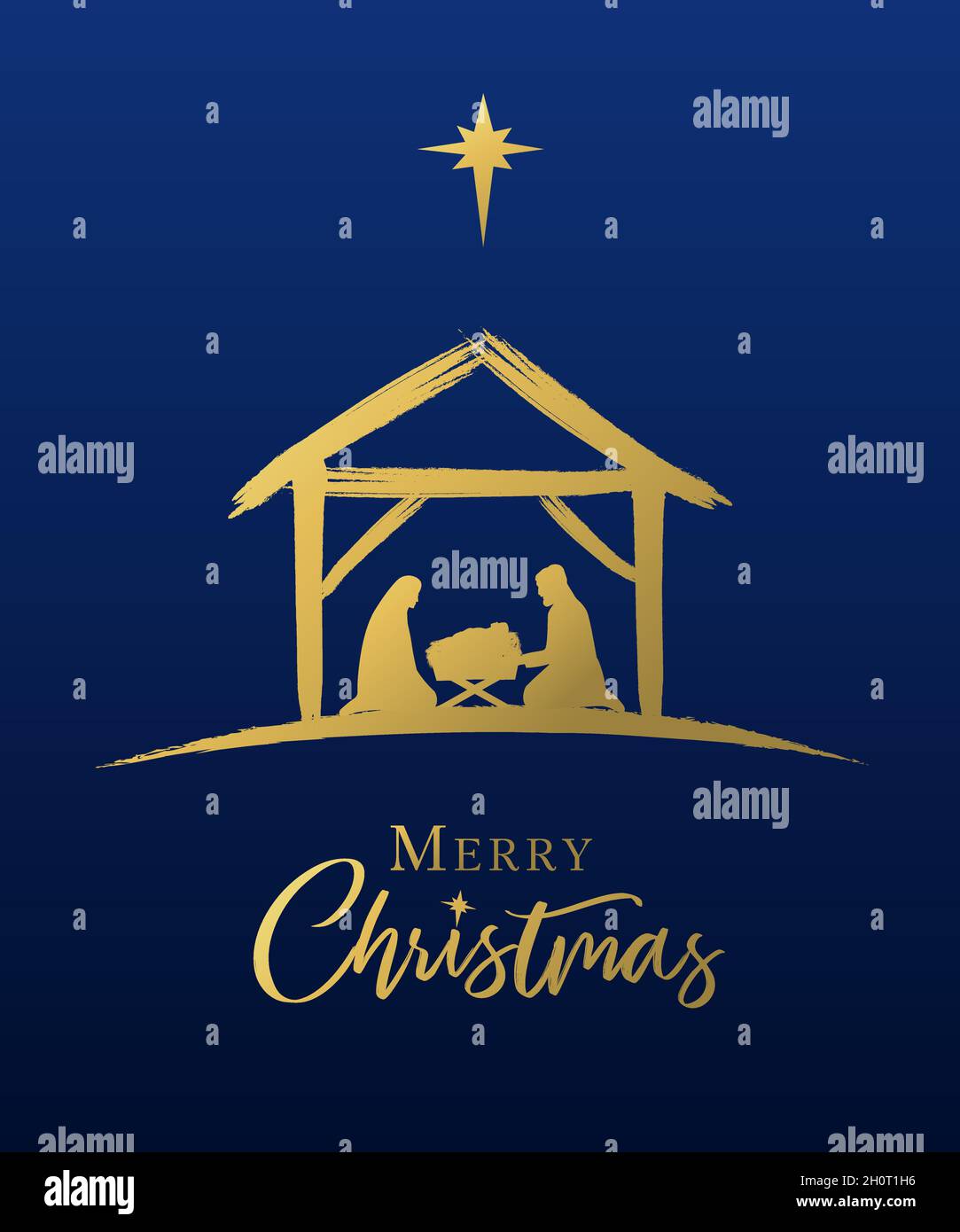 Buon Natale, Gesù in mangiatoia e stella colore oro su cielo blu. Presepio di Gesù bambino silhouette in un vivaio con Maria e Giuseppe Illustrazione Vettoriale