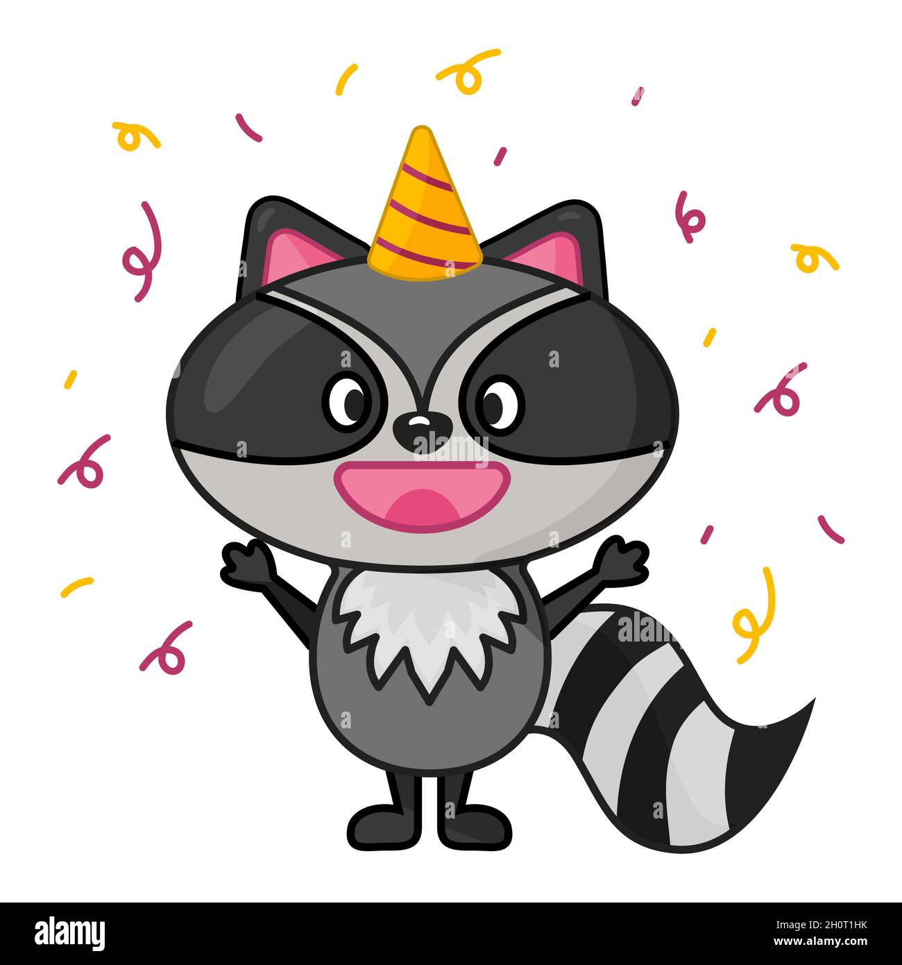 Carino felice raccoon compleanno personaggio stile piatto Illustrazione Vettoriale