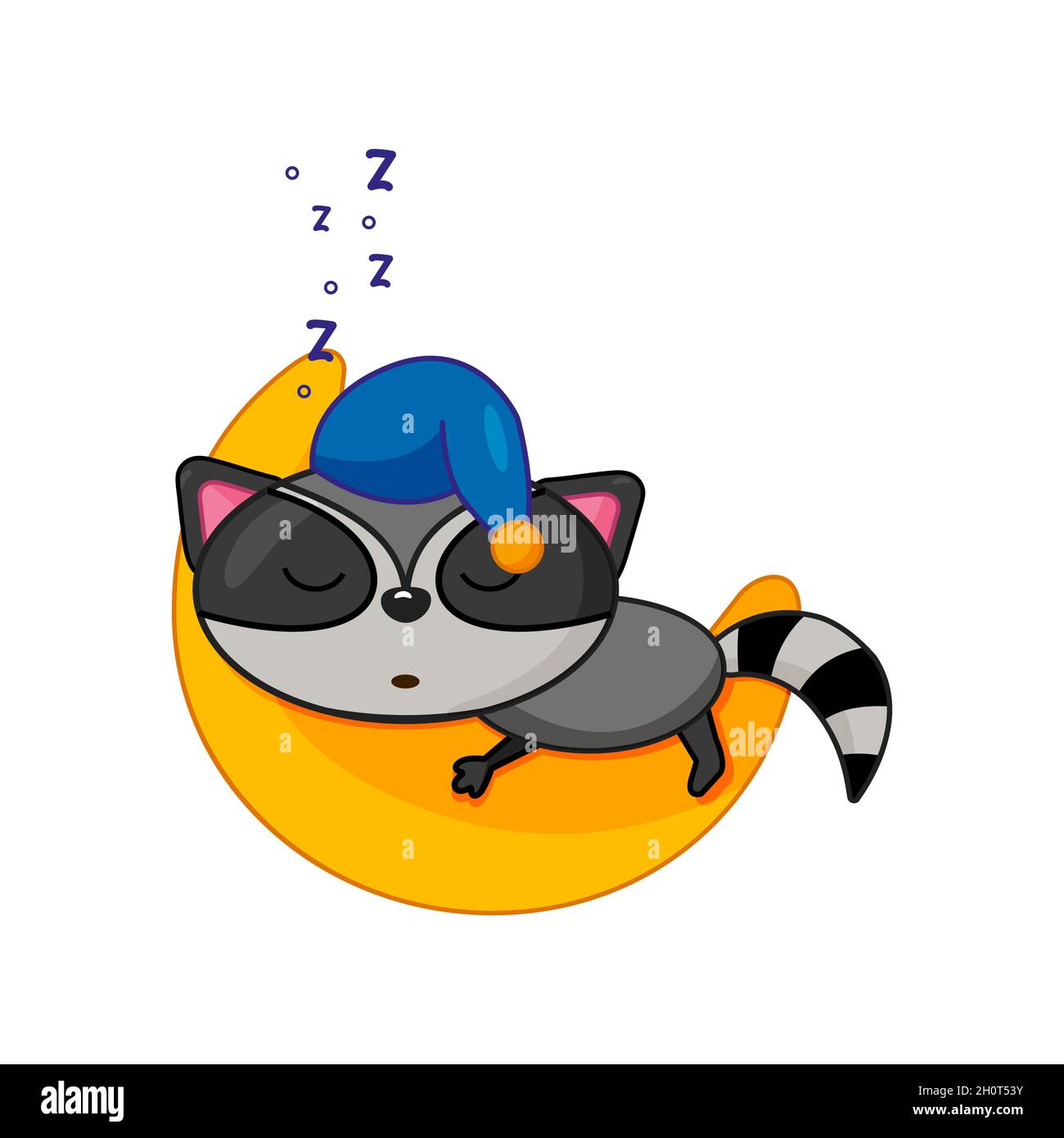 Carino raccoon piano che dorme a mezza luna Illustrazione Vettoriale