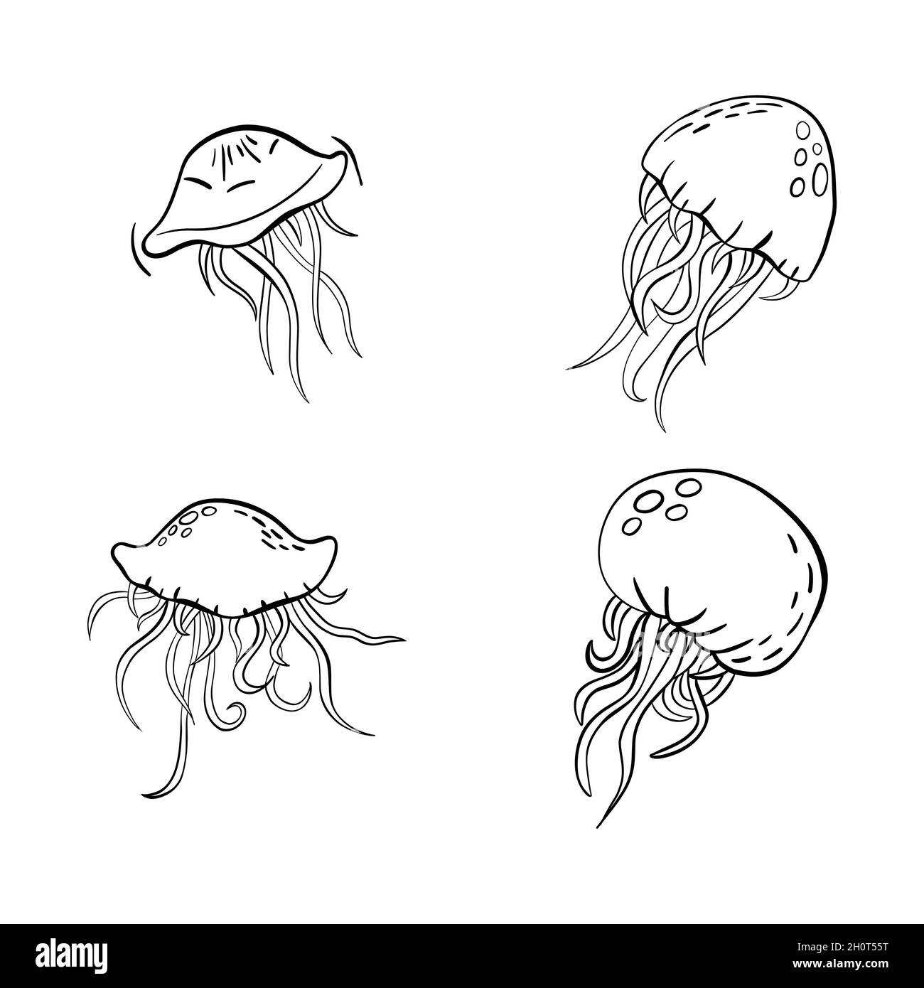 Black outline vettore doodle cartoon jellyfish set Illustrazione Vettoriale