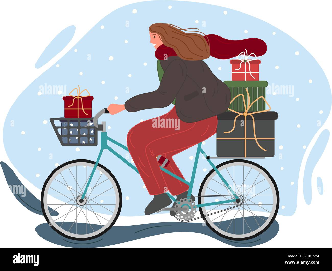 Natale e Felice Capodanno concetto di vacanze invernali. La ragazza corre in bicicletta con regali. Illustrazione vettoriale Illustrazione Vettoriale