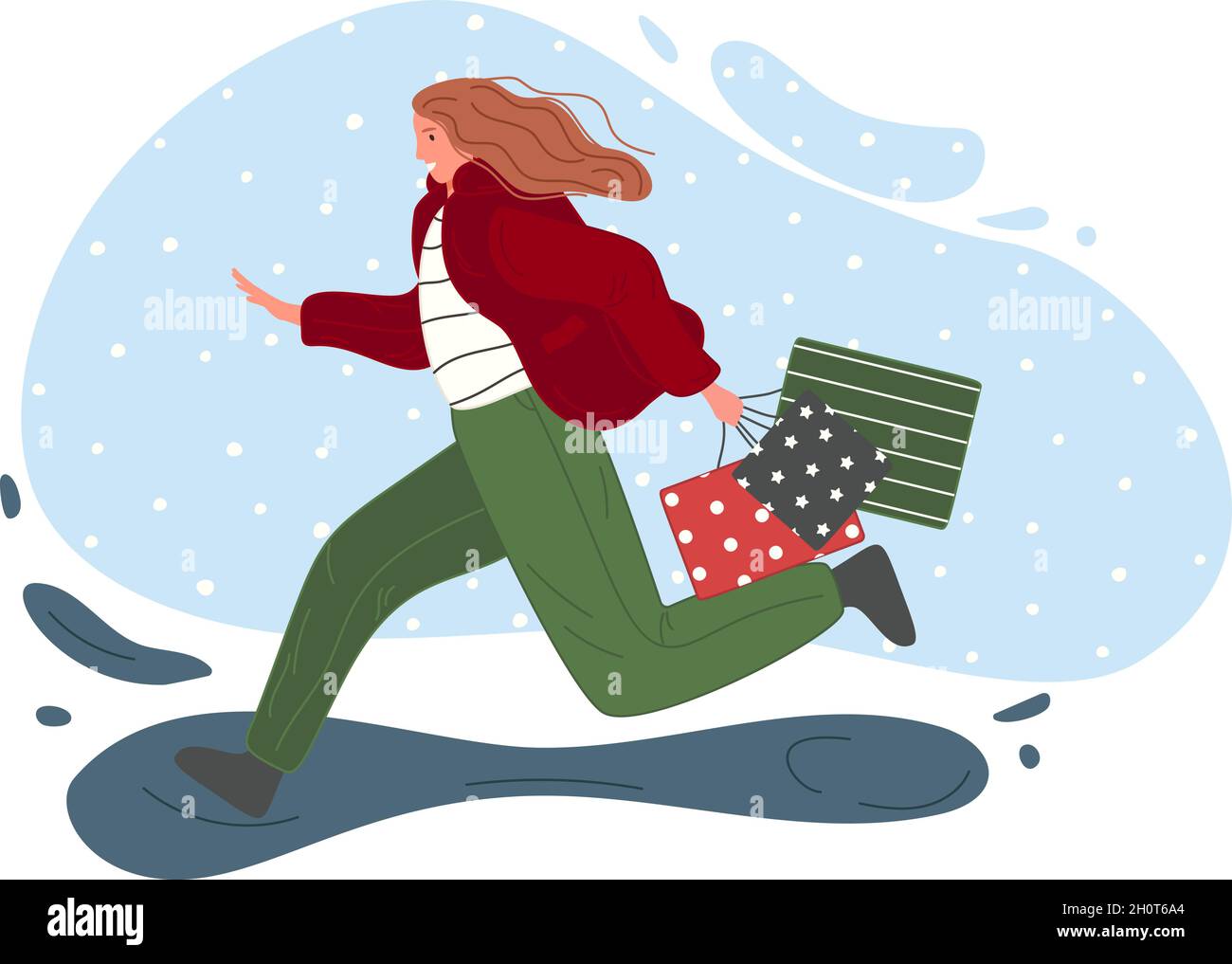 Natale e Felice Capodanno concetto di vacanze invernali. La ragazza funziona con i regali. Illustrazione vettoriale Illustrazione Vettoriale