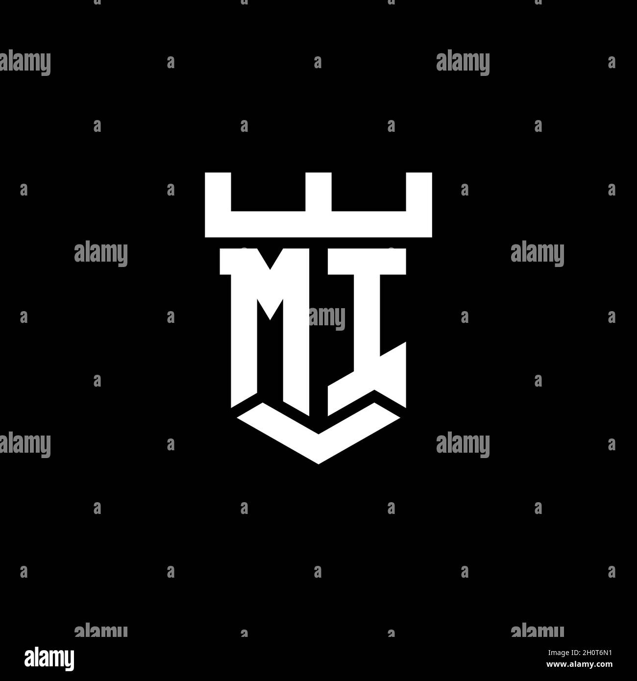 LOGO MI monogramma iniziale con modello di design a forma di castello isolato su sfondo nero Illustrazione Vettoriale