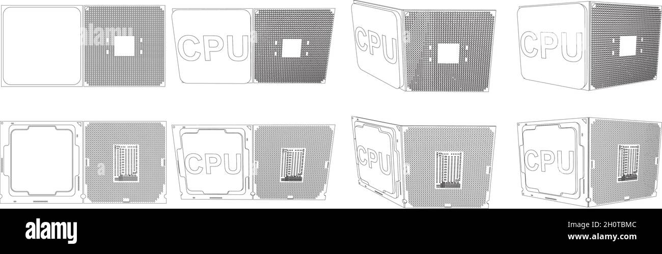 Illustrazione vettoriale dettagliata del chip semiconduttore cpu con contatti. Due tipi di processori per computer Illustrazione Vettoriale