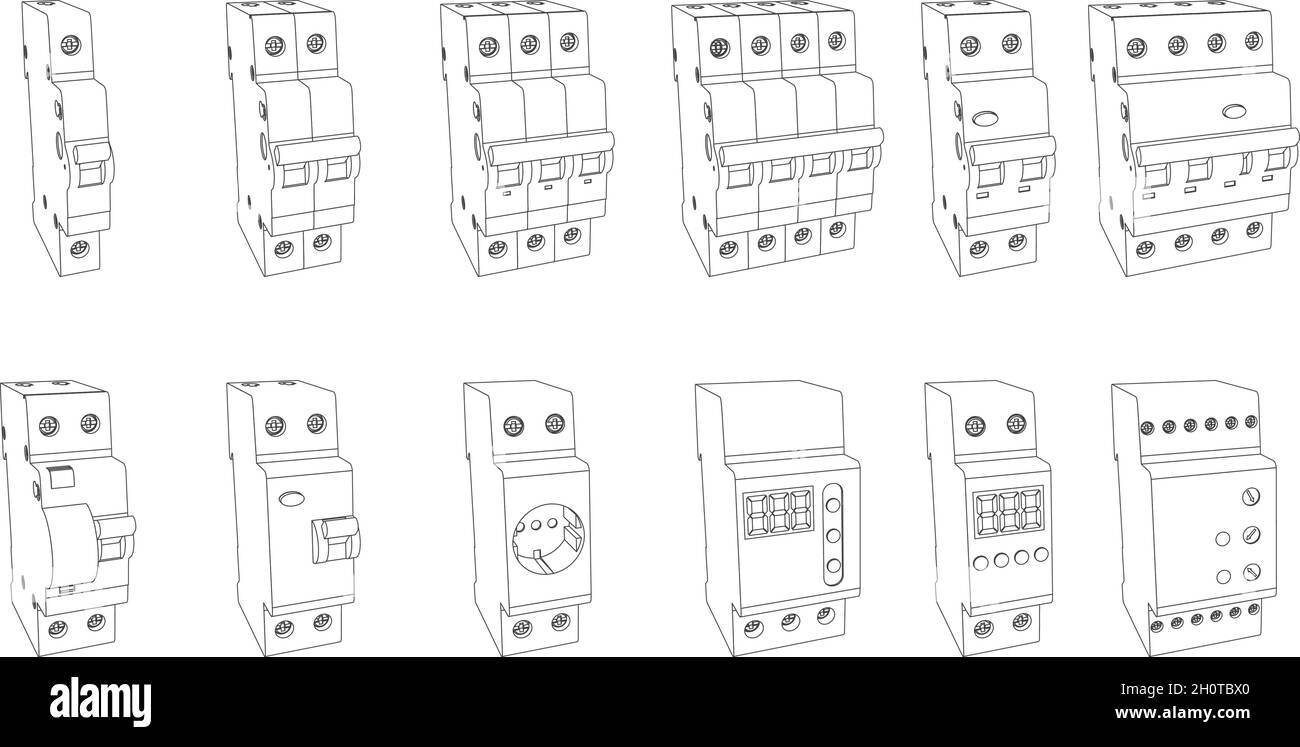 Set vettoriale di elementi per quadro elettrico per scatola di controllo fusibili - interruttore di sicurezza, relè, interruttore di corrente residua. Vista prospettica Illustrazione Vettoriale