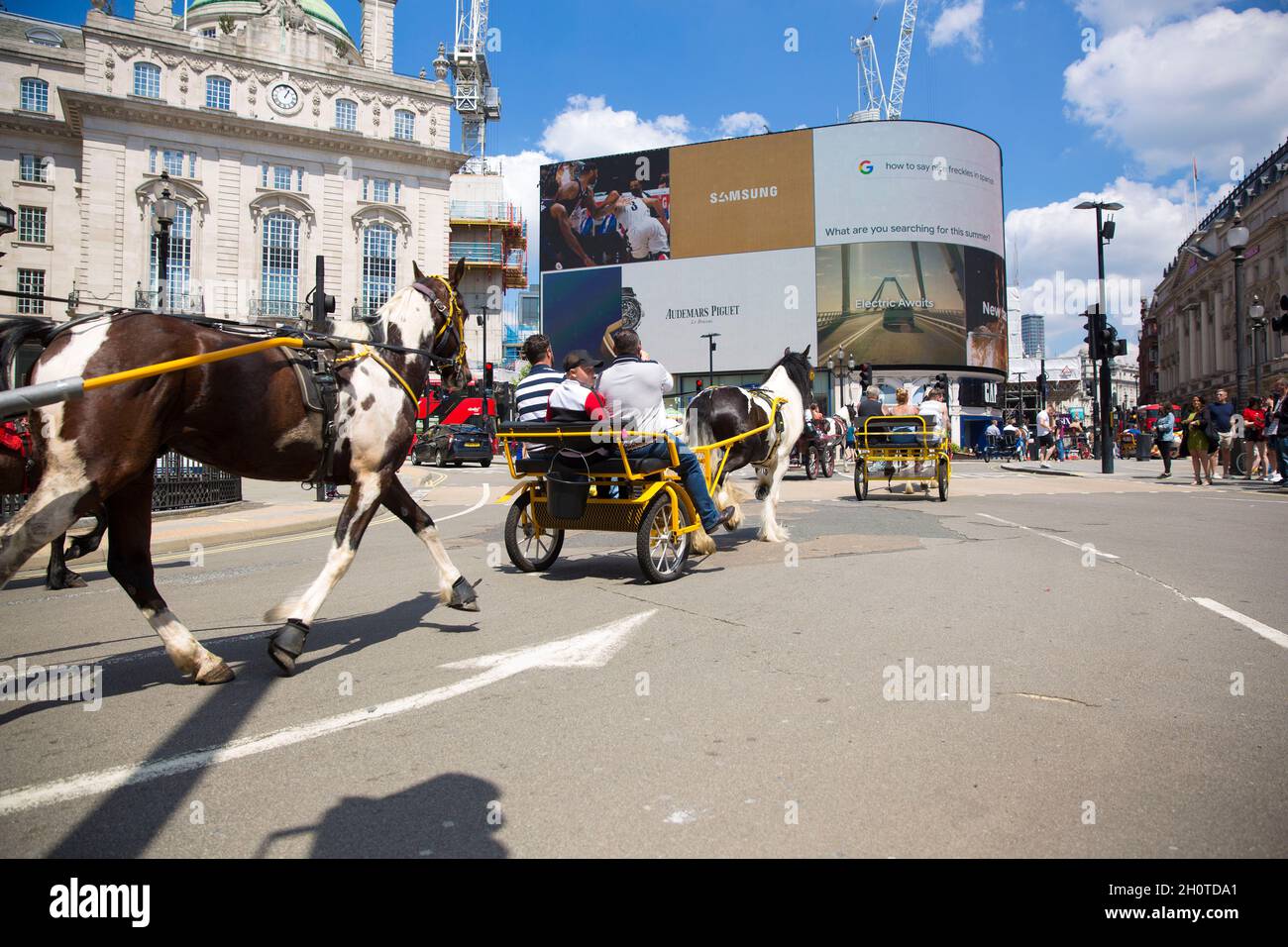 Un gruppo di cavalli e carrozze corrono al sole a Piccadilly, nel centro di Londra, 5 giugno 2021. Foto Stock