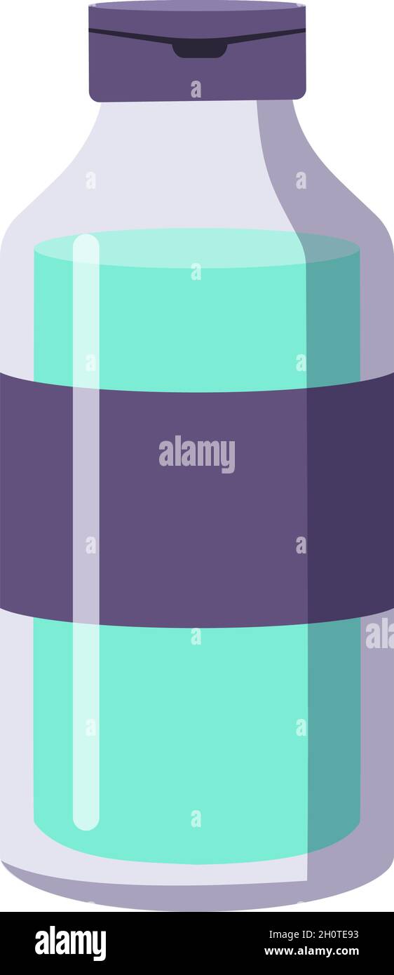 Una bottiglia di smalto per unghie. Utensili per manicure. Cura della salute delle mani e delle unghie. Icone del salone di bellezza. Contenitore con liquido, coperchio ed etichetta. Illustrazione piatta vettoriale. Illustrazione Vettoriale