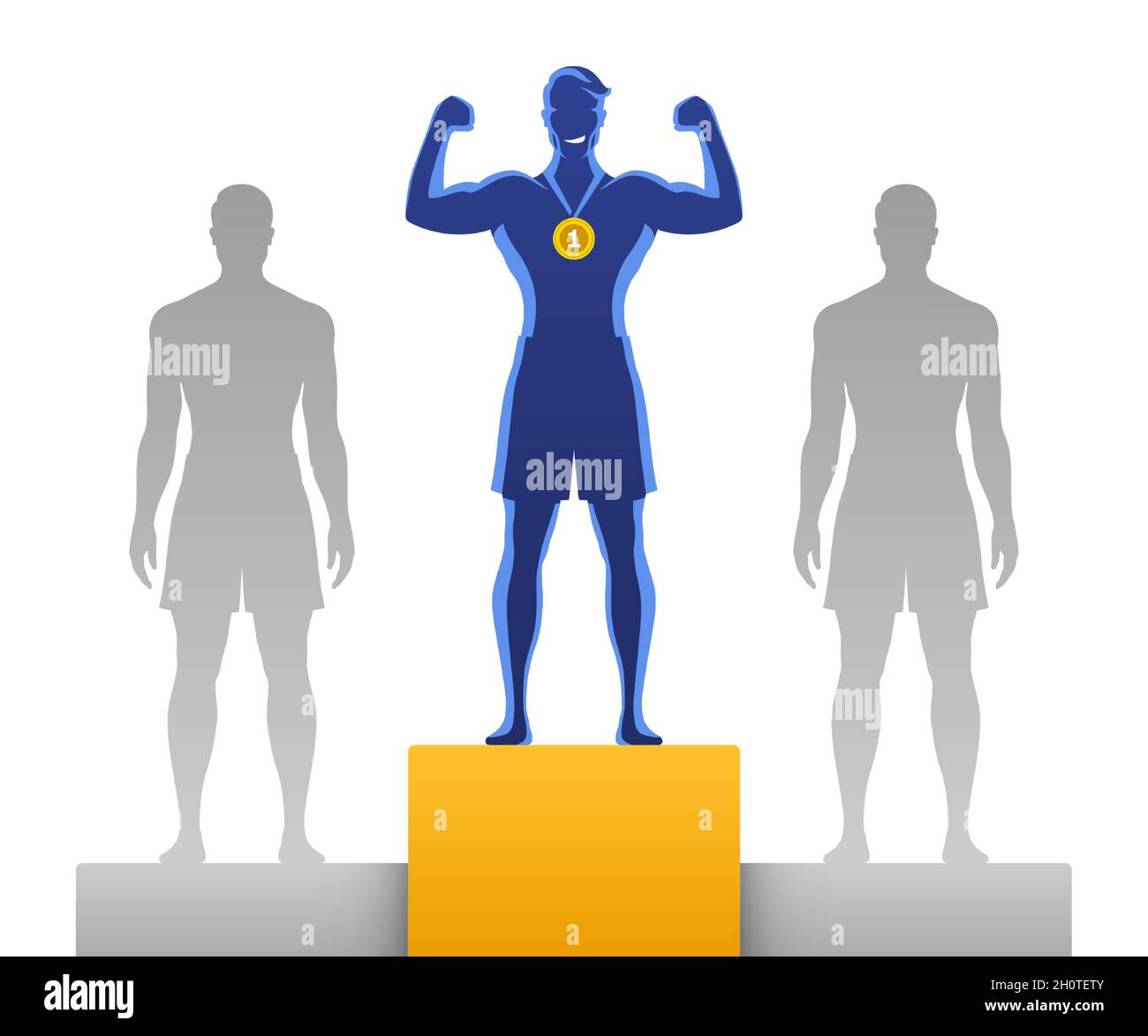 Felice uomo campione in piedi sul piedistallo del vincitore del primo posto con i concorrenti del secondo e terzo posto. Illustrazione vettoriale del concetto vincente e di successo. Illustrazione Vettoriale