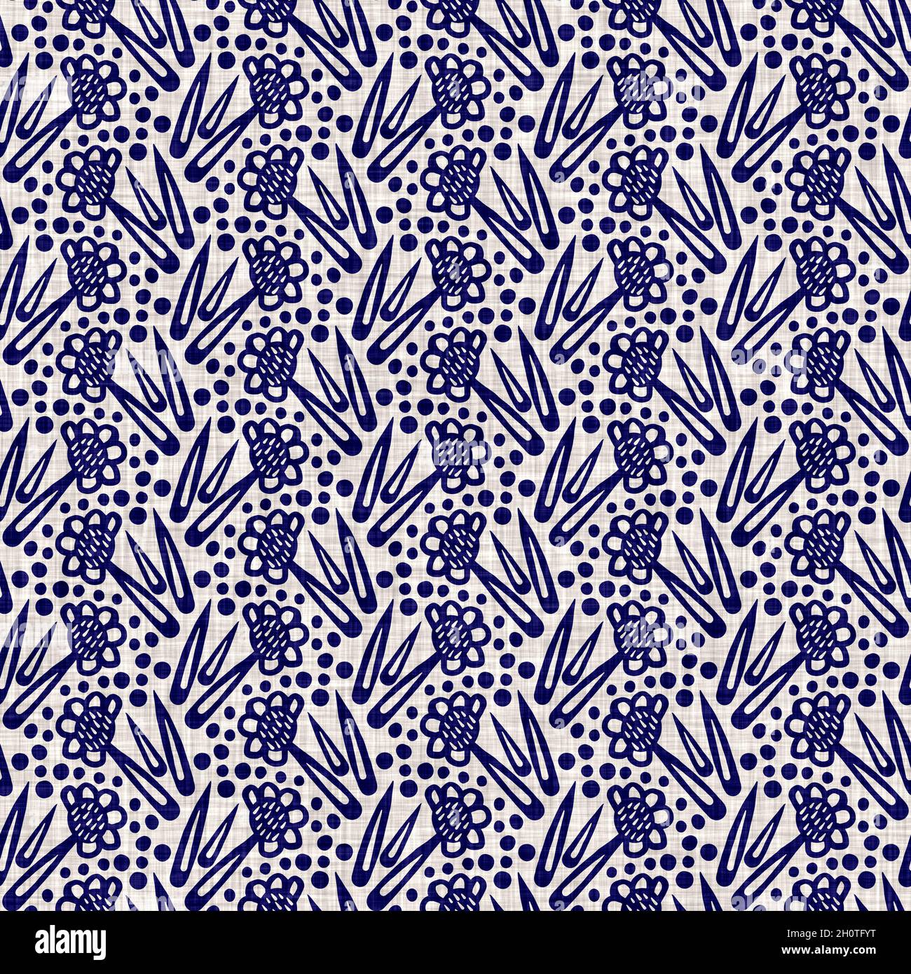 Indigo blu fiore blocco stampa tinta tessuto di lino sfondo. Campione giapponese di ripetizione batik tessuto senza cuciture. Sfocatura floreale organica afflosciata Foto Stock