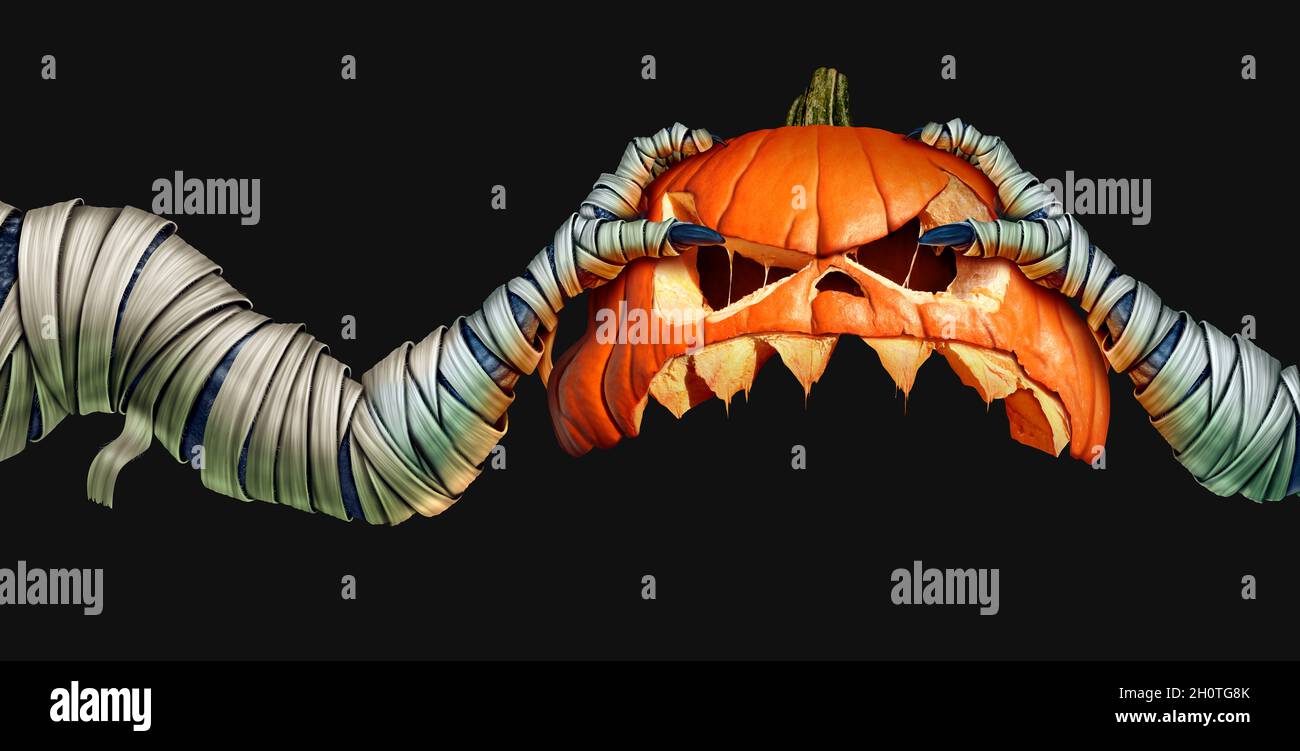 Mummia monster zucca di Halloween mano che tiene un inquietante testa di zucca jack o lanterna che è come un simbolo di halloween per un film horror e rituale stagionale. Foto Stock
