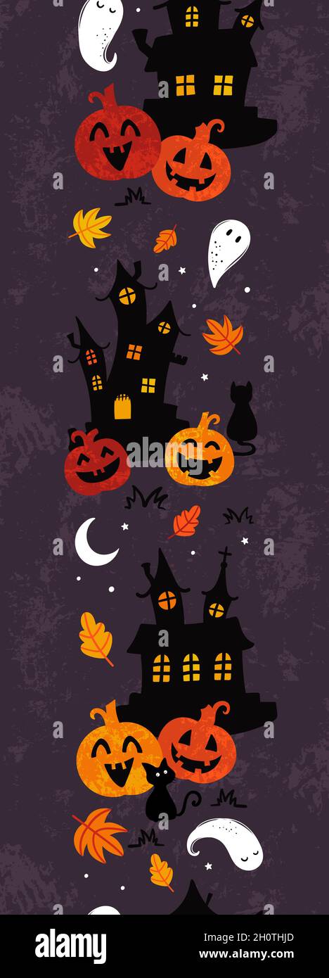 Divertimento halloween castelli senza cuciture modello, fantasmi carini, zucche, gatti e decorazione, grande per striscioni, sfondi, confezioni, tessuti - disegno vettoriale Illustrazione Vettoriale