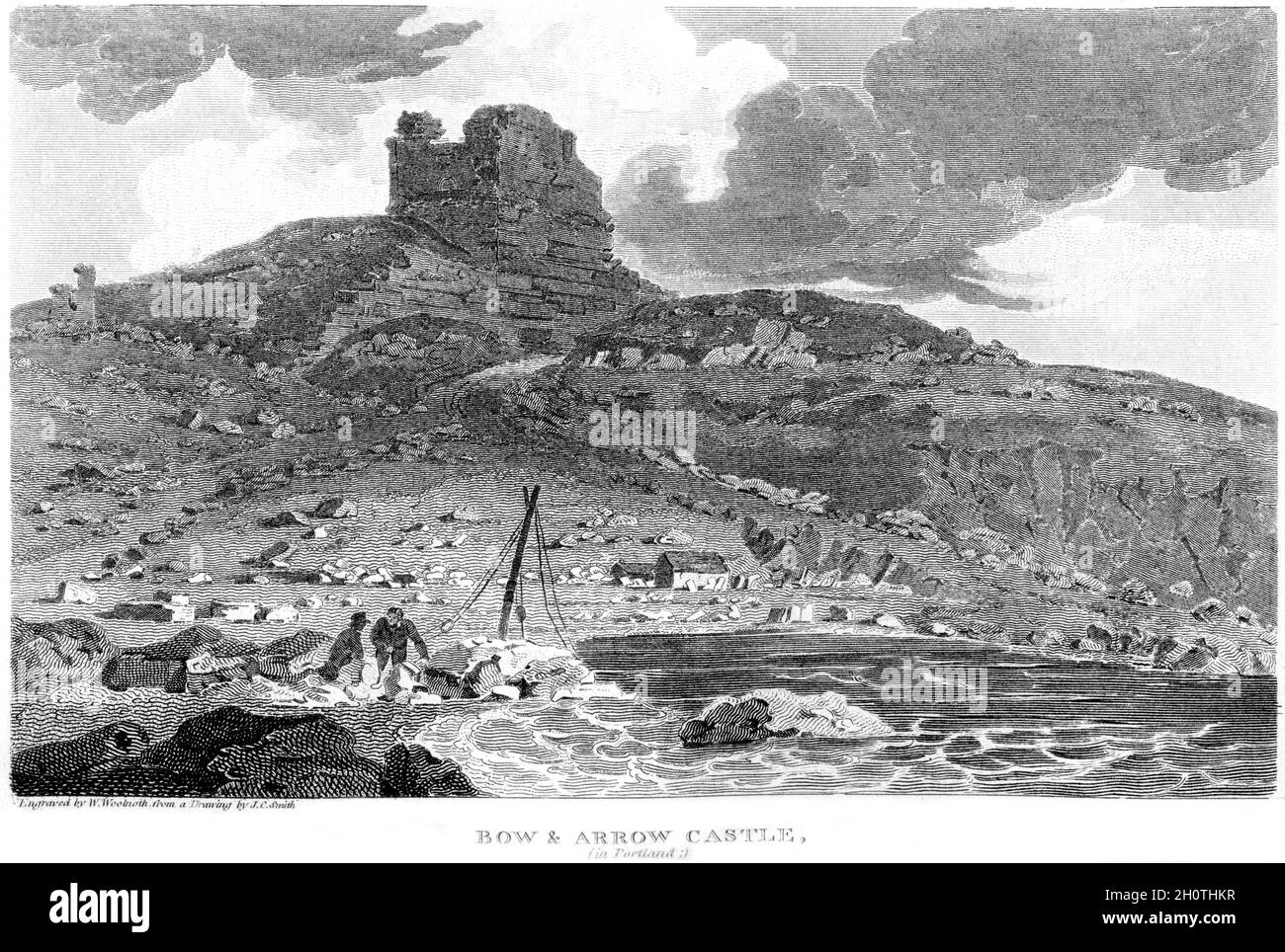 Un'incisione di Bow and Arrow Castle (Rufus Castle) Portland, Dorsetshire UK scansionata ad alta risoluzione da un libro stampato nel 1812. Foto Stock