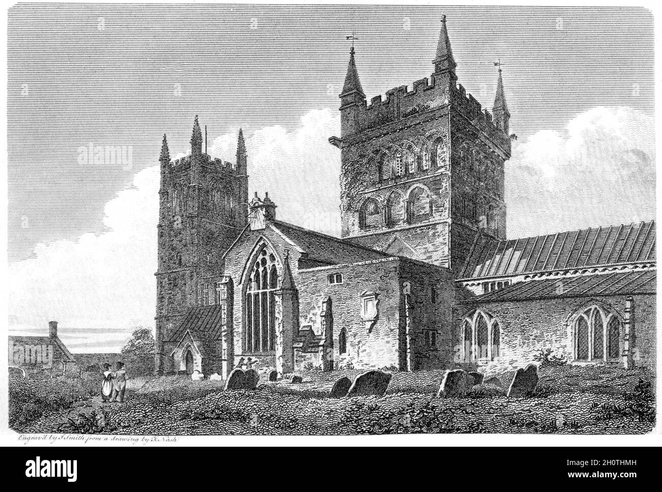 Un'incisione di Wimborne Minster, Dorsetshire UK scansionata ad alta risoluzione da un libro stampato nel 1812. Creduto libero di copyright. Foto Stock