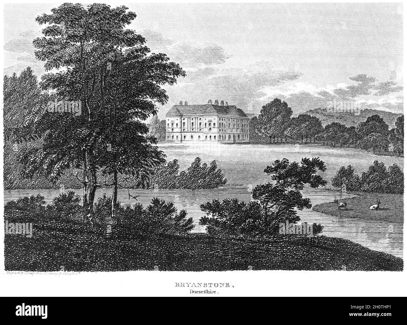 Un'incisione di Bryanstone, Dorsetshire UK scansionata ad alta risoluzione da un libro stampato nel 1812. Creduto libero di copyright. Foto Stock