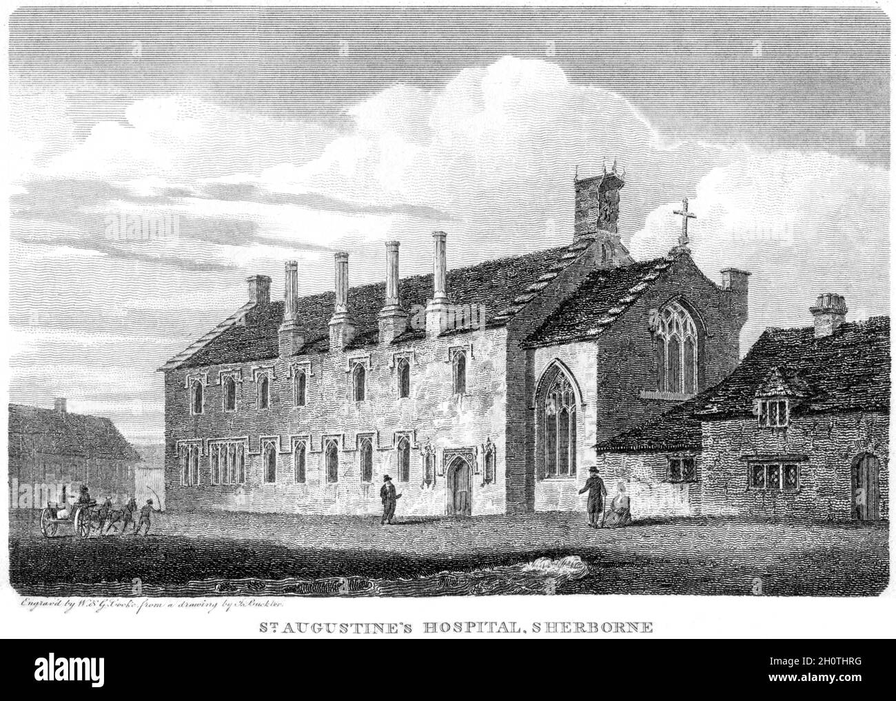 Un'incisione del St Augustines Hospital, Sherborne, Dorsetshire UK scansionò ad alta risoluzione da un libro stampato nel 1812. Creduto libero di copyright. Foto Stock