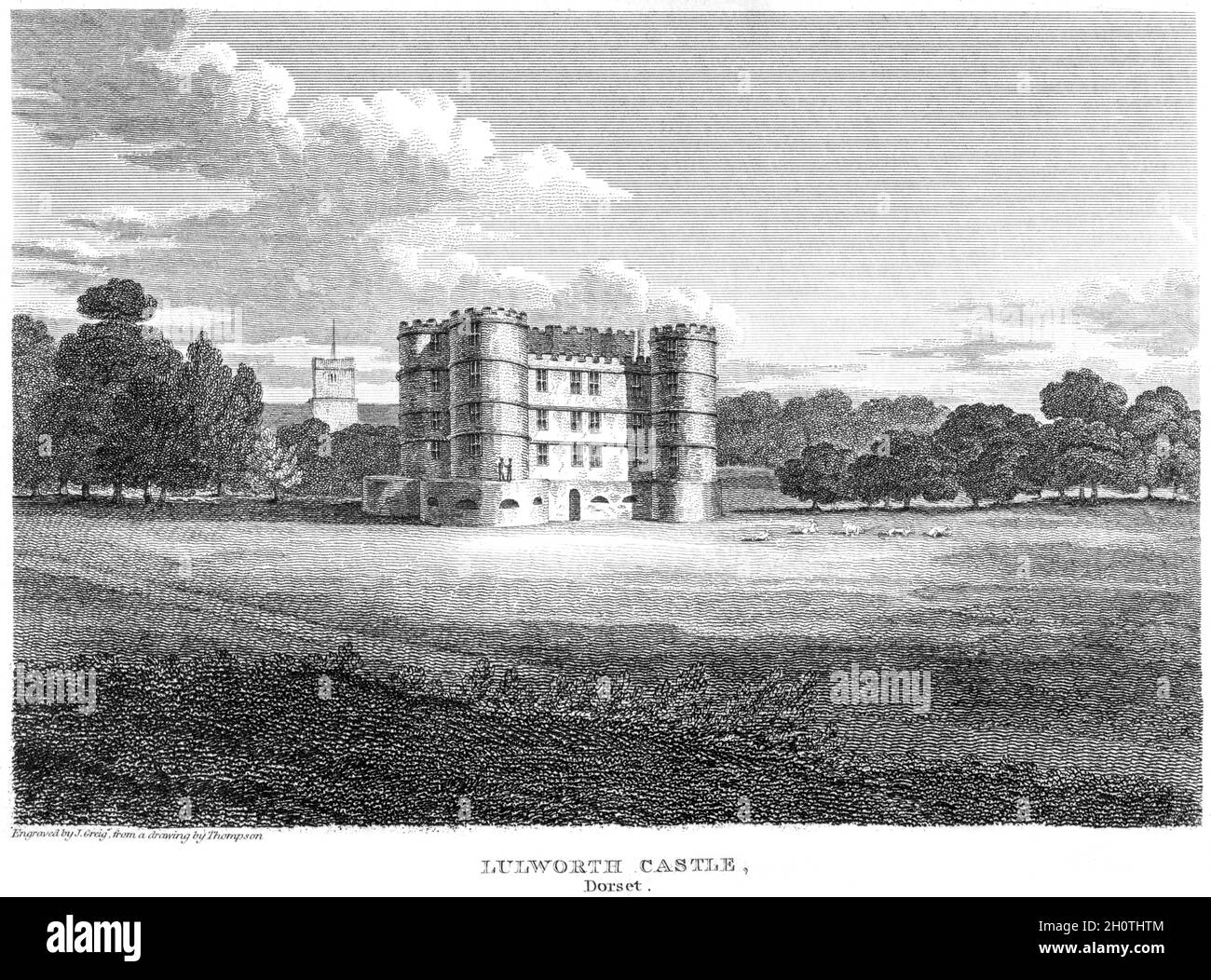 Un'incisione di Lulworth Castle, Dorset UK scansionata ad alta risoluzione da un libro stampato nel 1812. Si ritiene che questa immagine sia priva di tutti i c storici Foto Stock