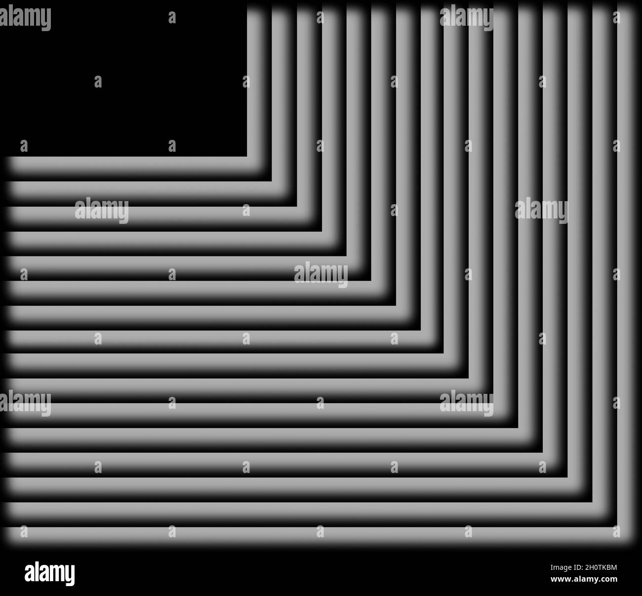 Illustrazione astratta del motivo quadrato di ripetizione nero e grigio che si espande per lo sfondo Foto Stock