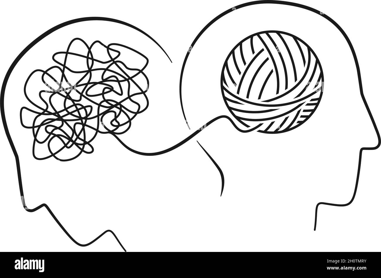 Concetto di salute mentale di due teste con cervello come linea continua nell'illustrazione vettoriale Illustrazione Vettoriale