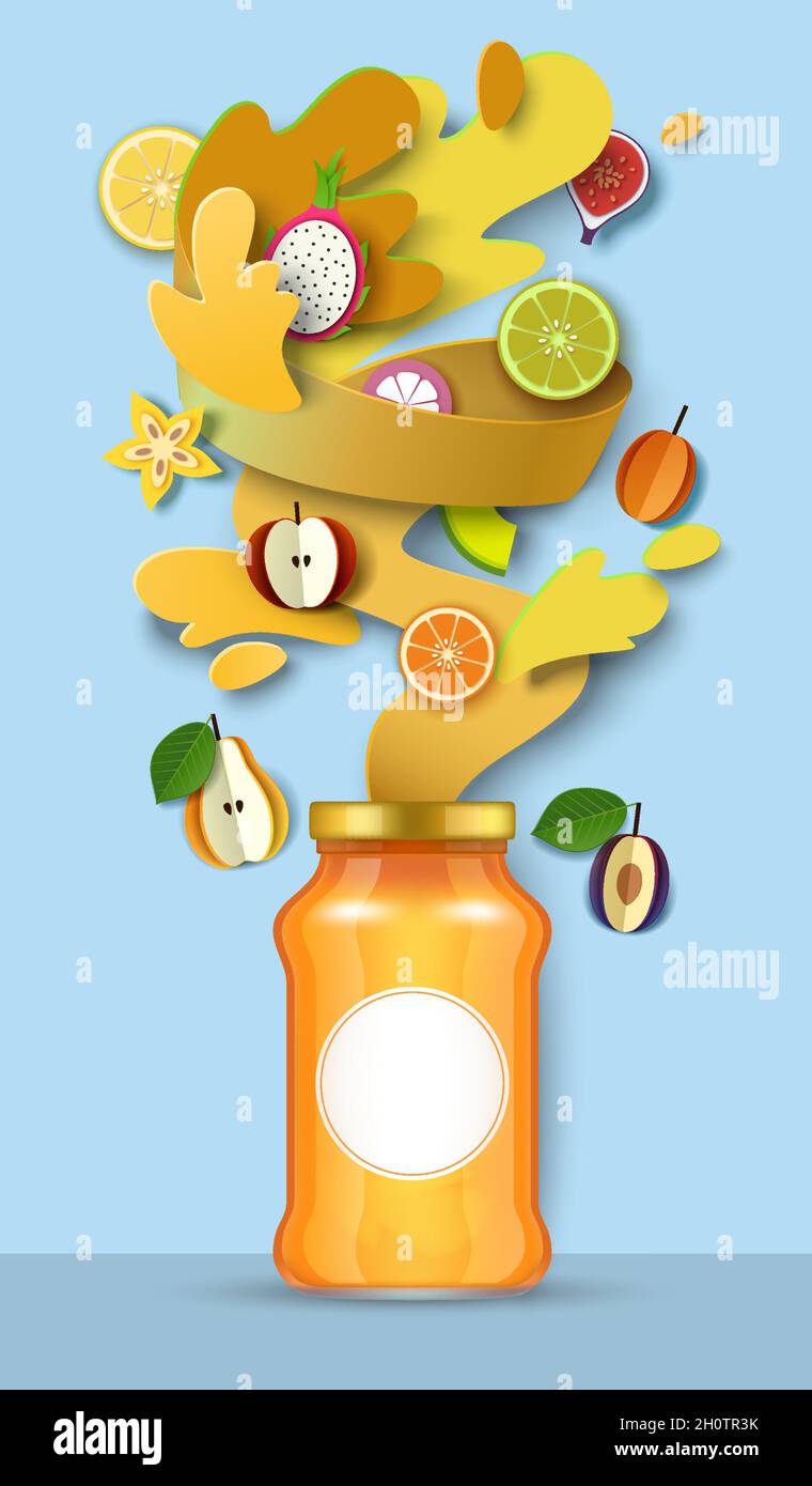 Confezione di marmellata di frutta vasetto di vetro, carta tagliata frutta fresca, spruzzi liquidi, gocce. Conserve di frutta sane, illustrazione vettoriale. Illustrazione Vettoriale