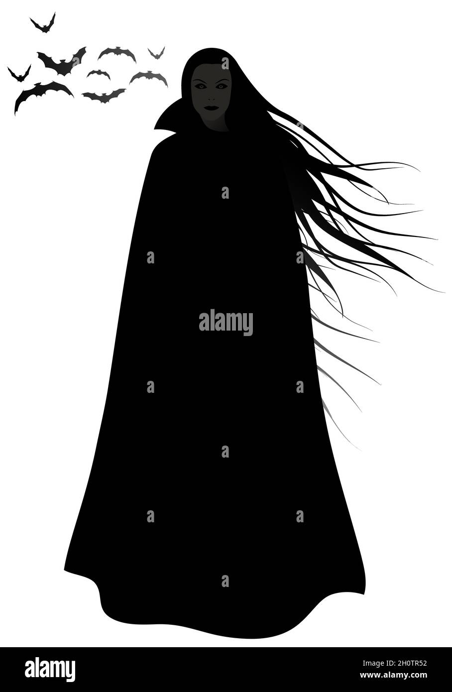 Silhouette donna con capelli lunghi che soffiano nel vento, indossando un lungo mantello nero, sotto un gruppo di pipistrelli, isolati su sfondo bianco. Illustrazione Vettoriale