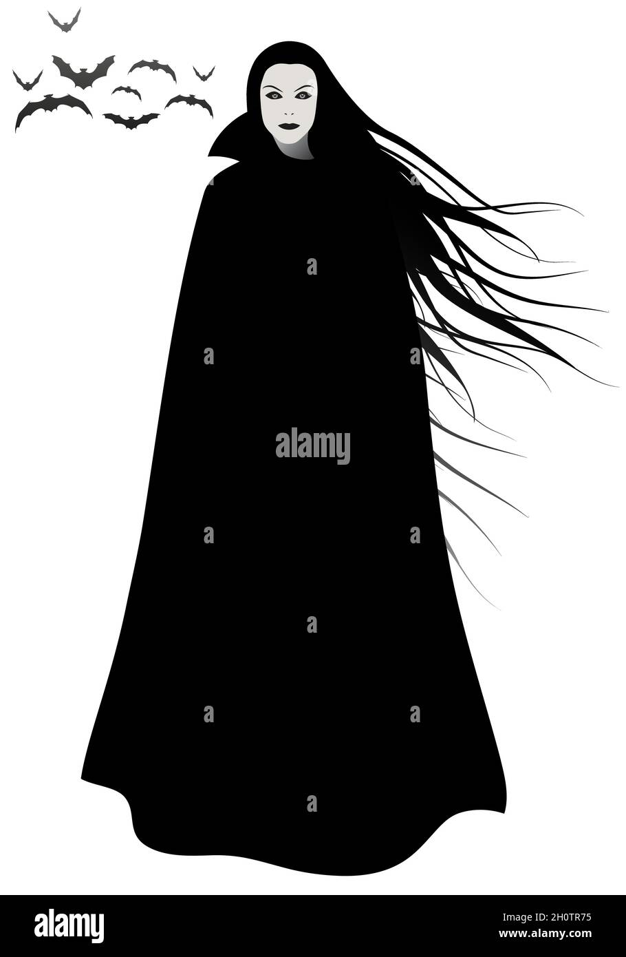 Donna inquietante con lunghi capelli che soffiano nel vento, indossando un lungo mantello nero, sotto un gruppo di pipistrelli, isolato su sfondo bianco. Illustrazione Vettoriale