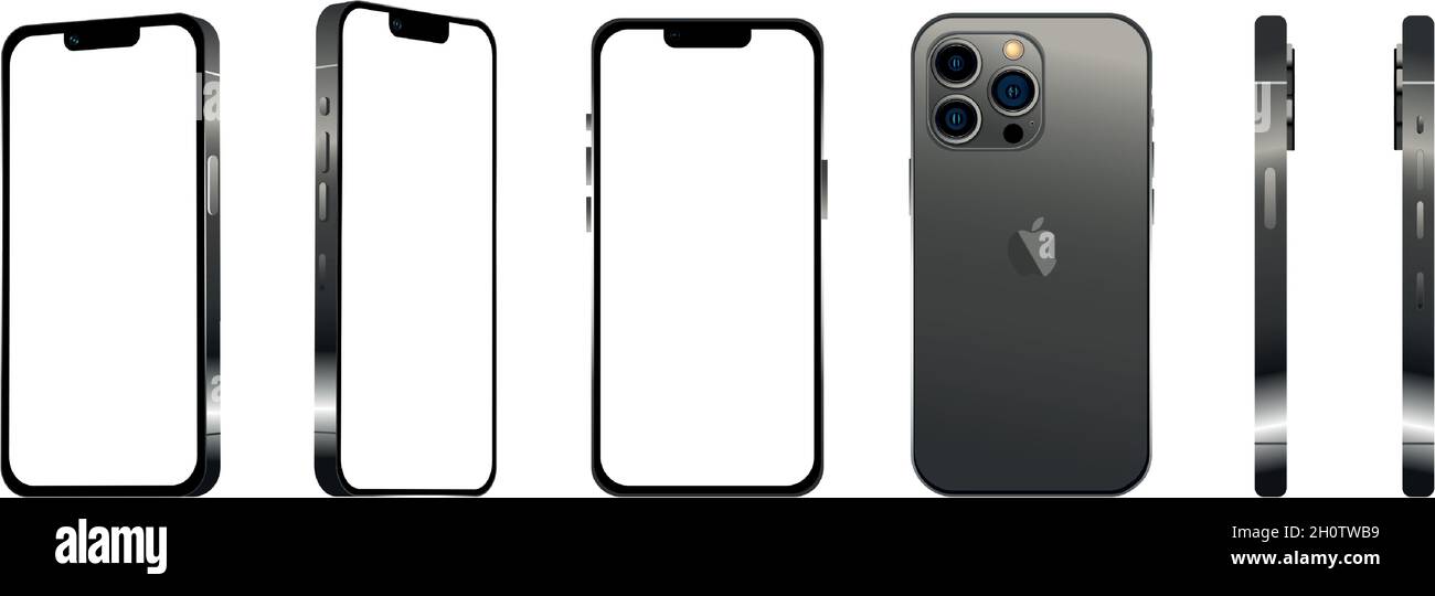 Nero moderno smartphone mobile iPhone 13 PRO in 6 diverse angolazioni su sfondo bianco - illustrazione vettoriale Illustrazione Vettoriale