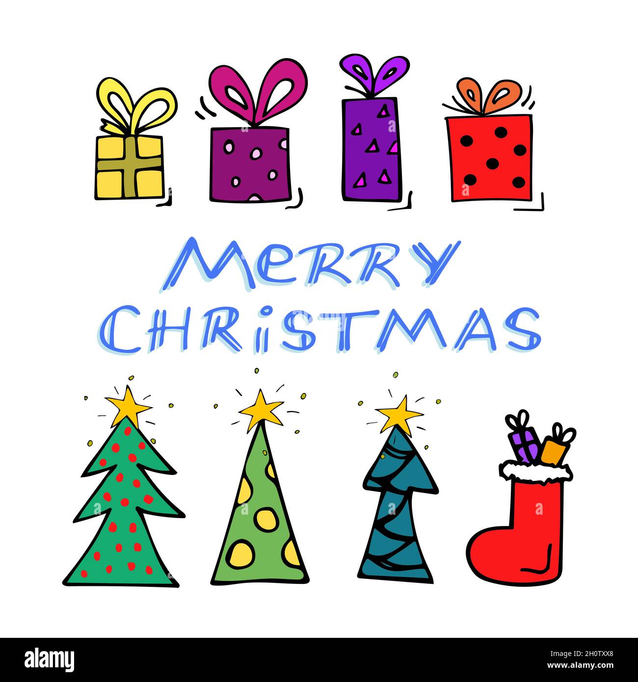 Biglietto di Natale Merry vettore disegnato a mano. Stile cartoon Illustrazione Vettoriale