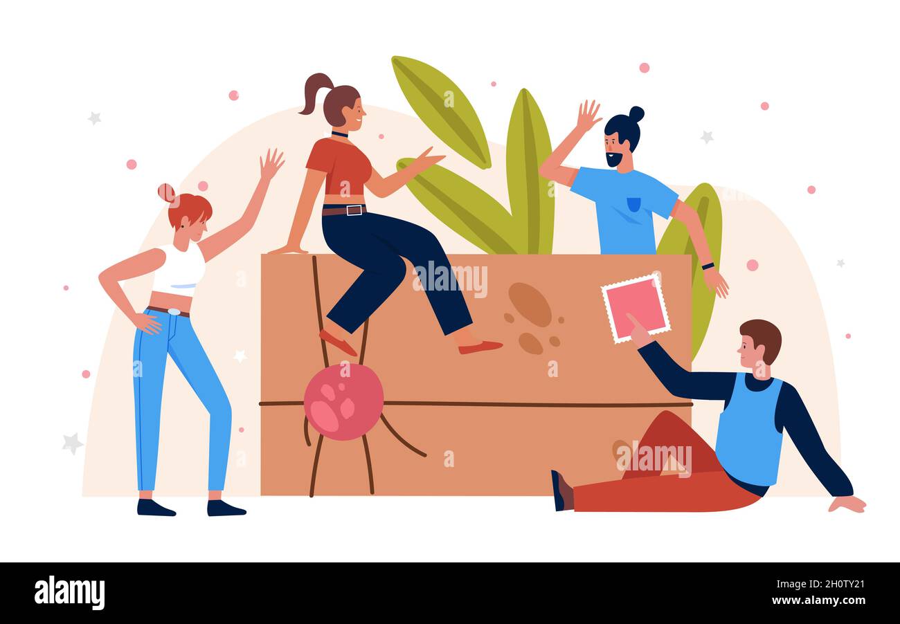 Servizio postale, persone e illustrazione vettore di recapito della posta. Gruppo di cartoni animati di uomo piccolo felice donna personaggio seduto e in piedi su grande busta vintage lettera con nastro e timbro isolato su bianco Illustrazione Vettoriale