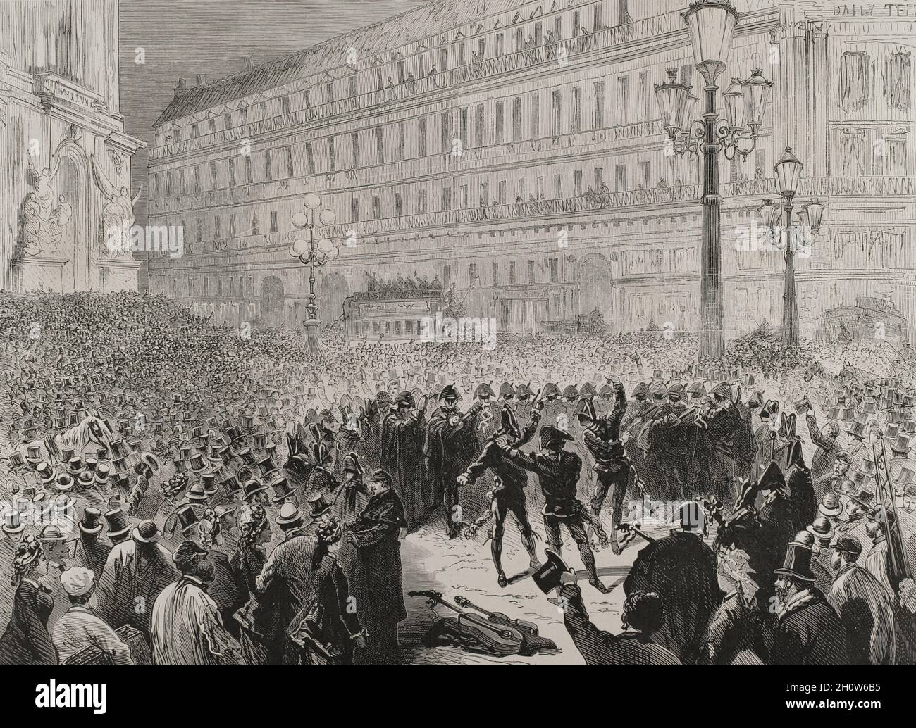 Francia. Carnevale di Parigi del 1878. L'estudiantina spagnola. Serenade in the Opera Square, 7 marzo 1878. Incisione. La Ilustración Española y americana, 1878. Foto Stock
