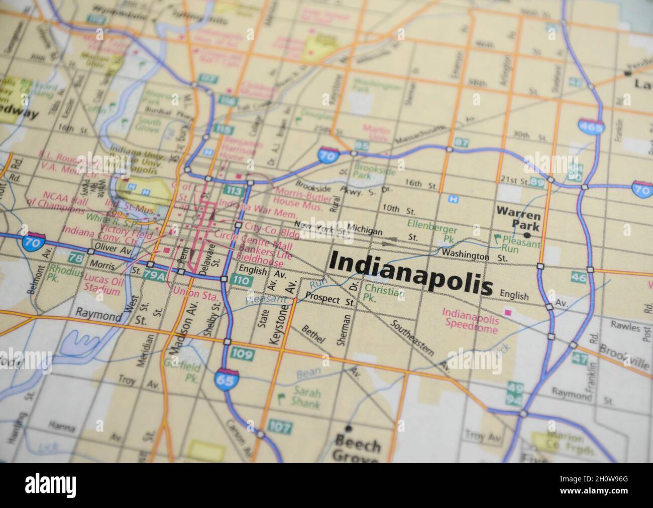 Indianapolis, sulla mappa della città di Indianapolis, IN Foto Stock