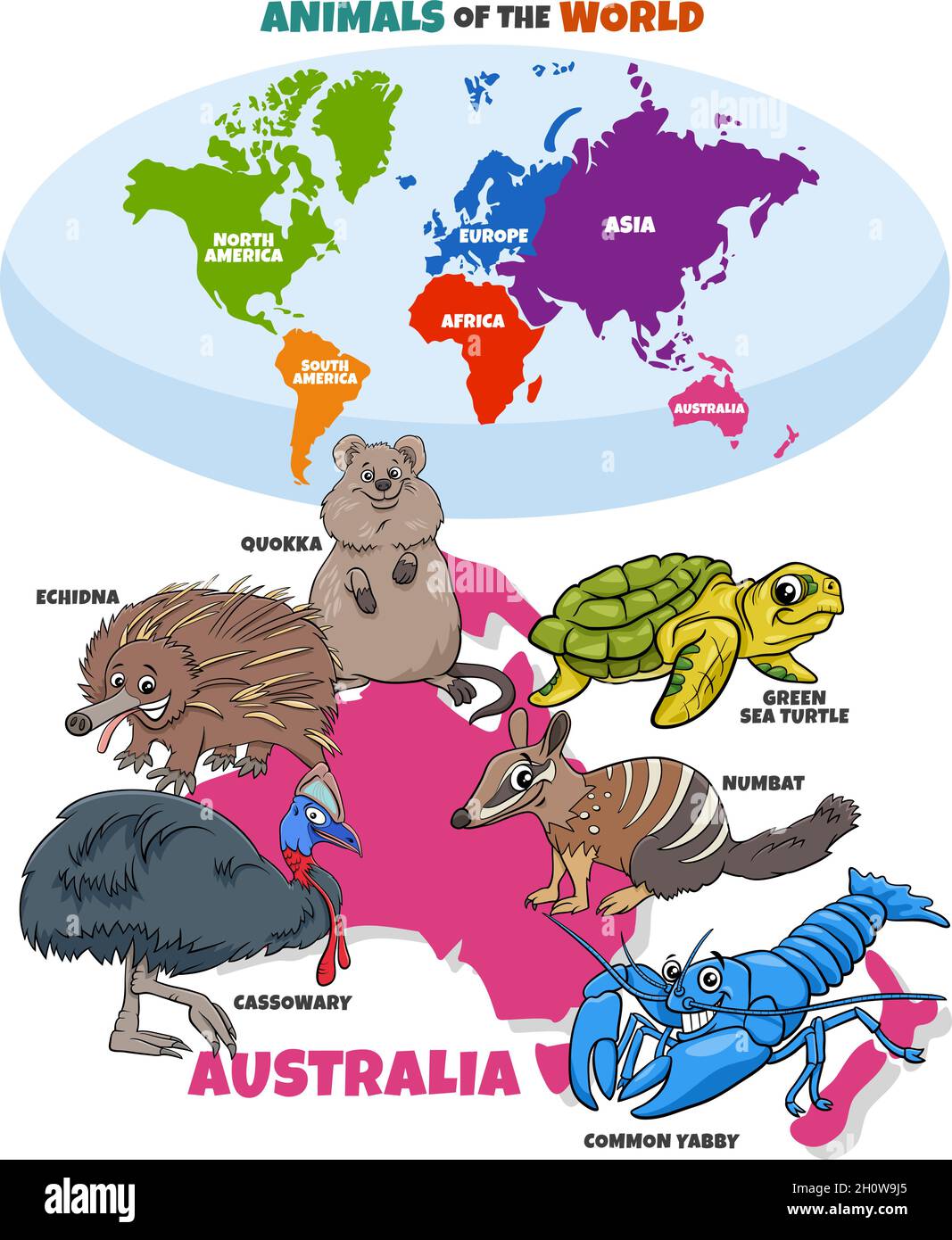 Illustrazione di cartoni animati educativi delle specie animali australiane tipiche e mappa del mondo con i continenti Illustrazione Vettoriale
