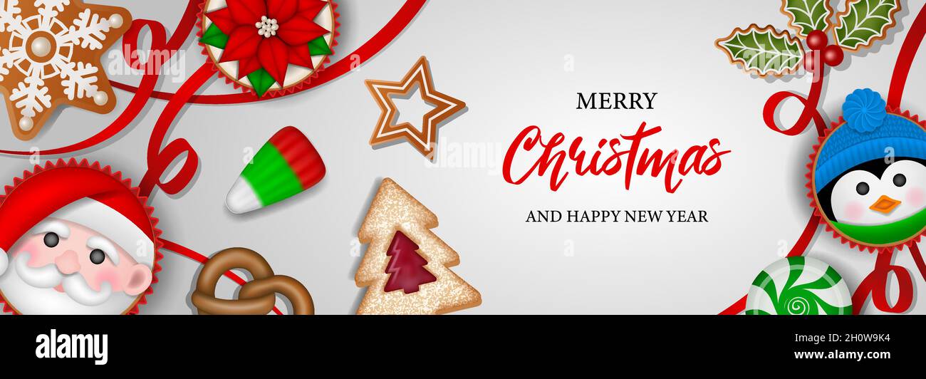 Banner natalizio con caramelle, biscotti e torte Illustrazione Vettoriale