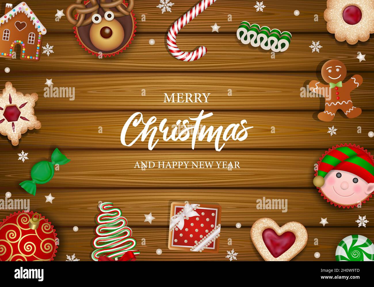 Allegro poster natalizio con biscotti, caramelle e torte su sfondo in legno Illustrazione Vettoriale