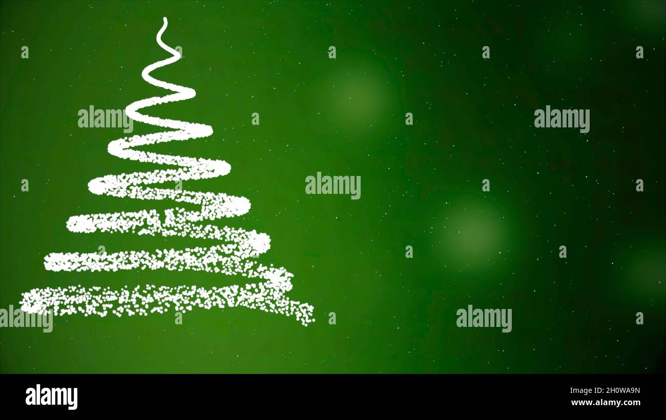 Albero di Natale animato con fiocchi di neve cadenti su sfondo verde. Umore di Natale Foto Stock
